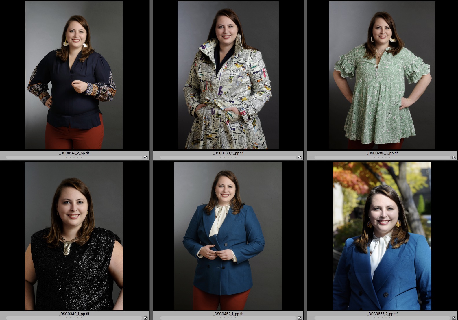 Woman in a series of headshots, showcasing different outfits for professional portraits. One image features a navy blouse with red pants, another a newspaper print coat, and a third a teal blazer. - David Joel Photographer